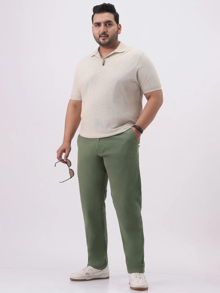 Plus Men's Sage Green Cotton Regular Fit Casual Chinos Trousers Stretch — photo 4