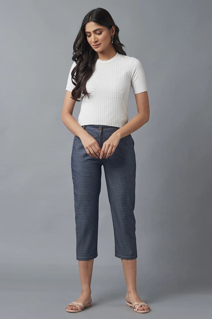 Blue Polka Dots Straight Fit Denim Culottes With Front Zip — photo 9