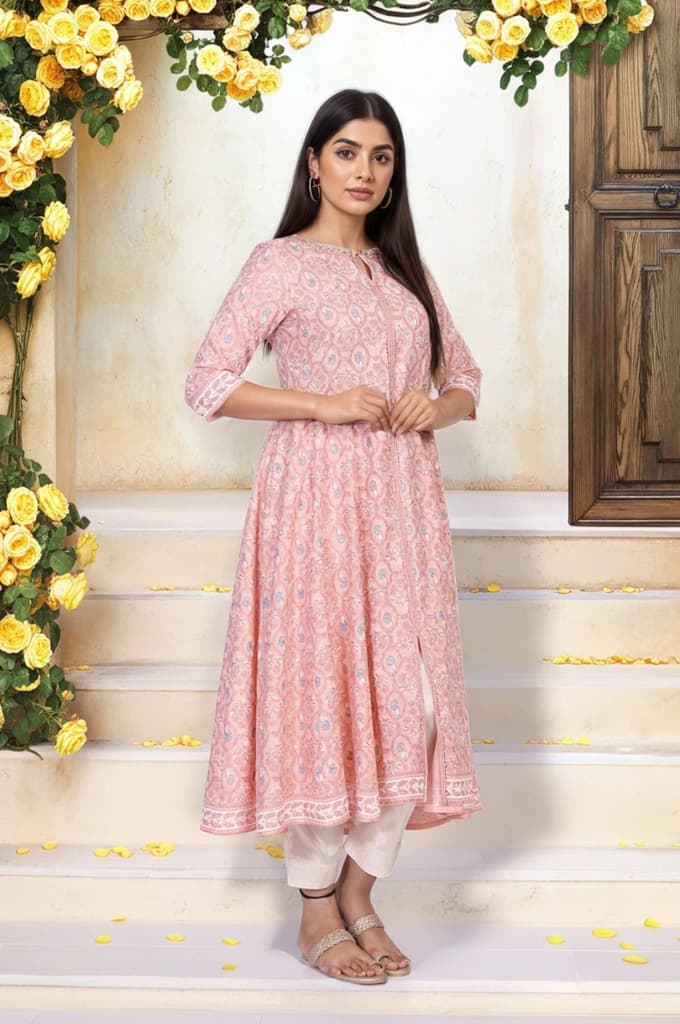 Pink Floral Ethnic Printed Embellished A-Line Rayon Kurta — photo 4