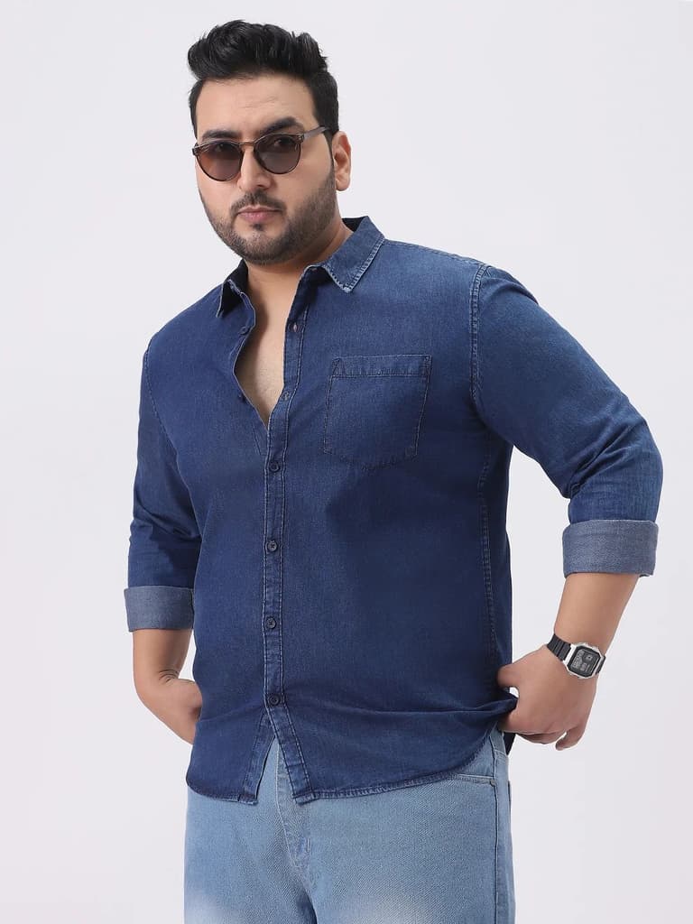 Plus Men's Dark Blue Regular Fit Full Sleeve Washed Denim Shirt — photo 2