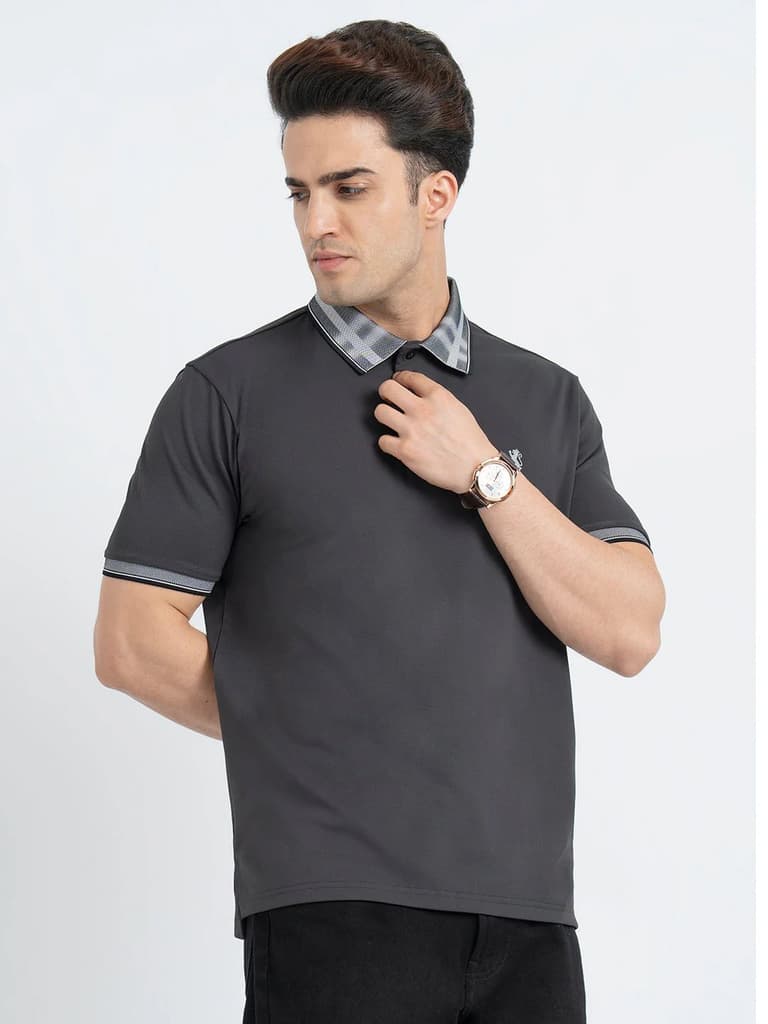 T Shirts for Men in Charcoal Grey | Jacquard Polo T Shirt — photo 6