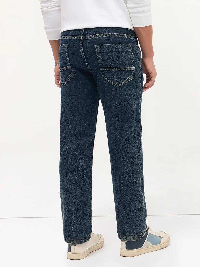 Men's Dark Blue Regular Fit Towel Washed Yellow Tint Denim Jeans Stretchable — photo 4