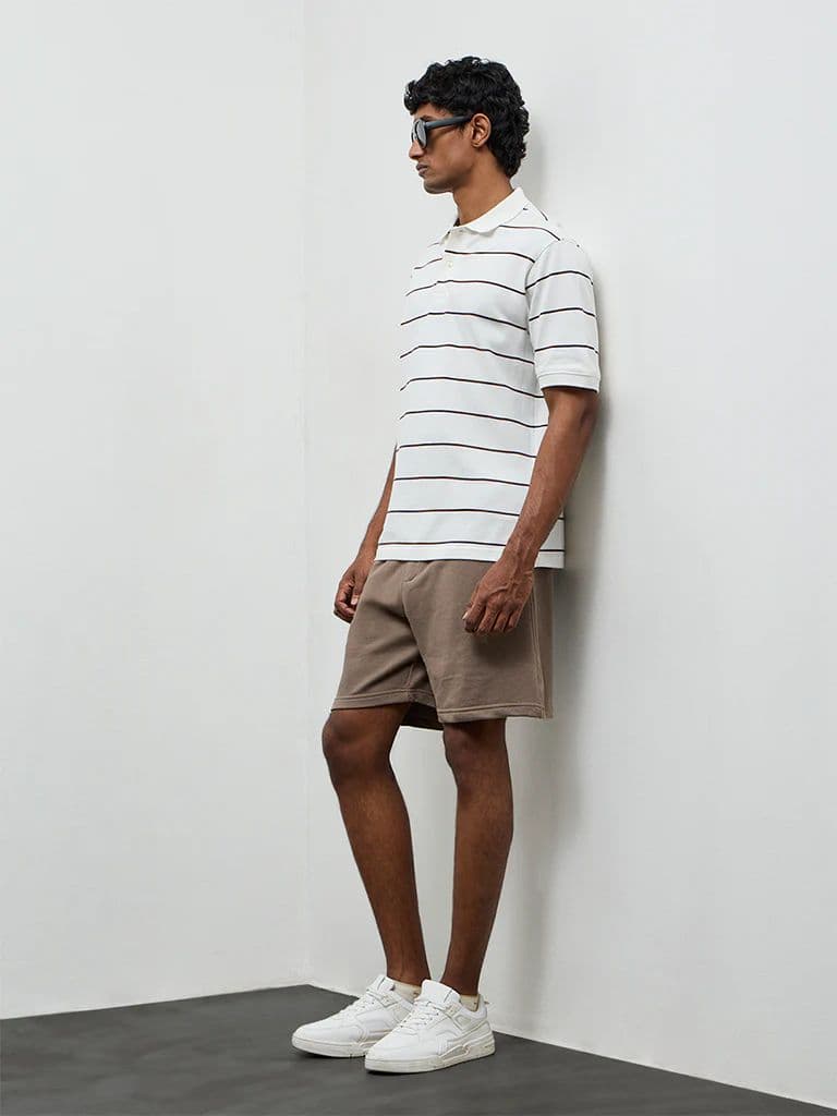 WES Casuals Off-White Striped Relaxed-Fit Cotton Polo T-Shirt — photo 2