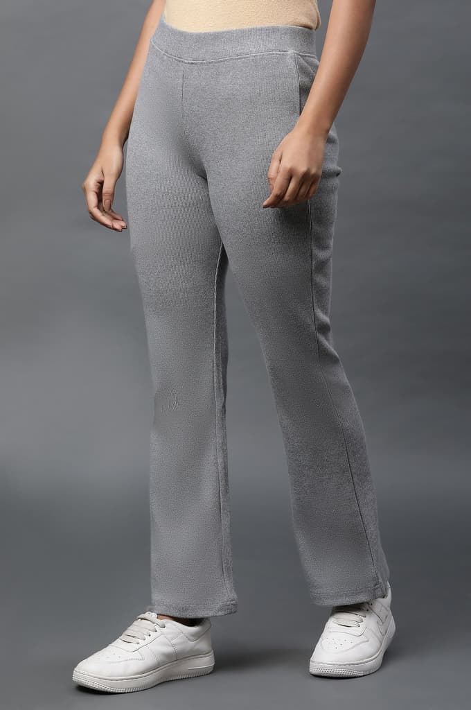 Grey Solid Flared Pants With Elasticated Waist — photo 2
