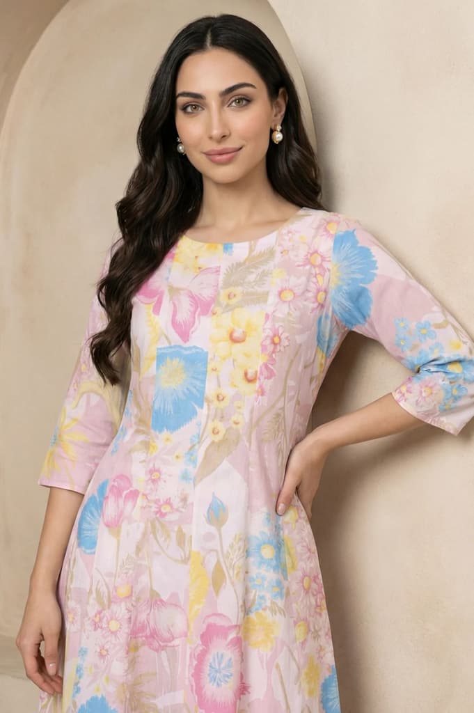 Pink Floral Printed Pure Cotton A-line Kurta — photo 2