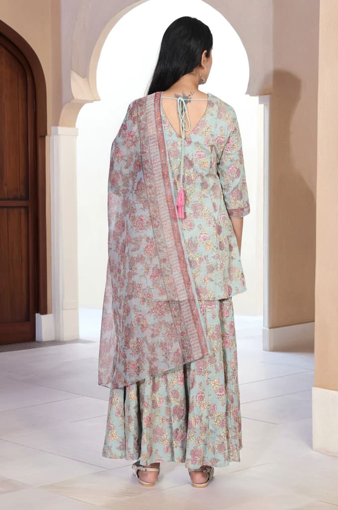 Light Green Floral Printed Lace Trim Peplum Rayon Kurta with Sharara and Dupatta Set — photo 5
