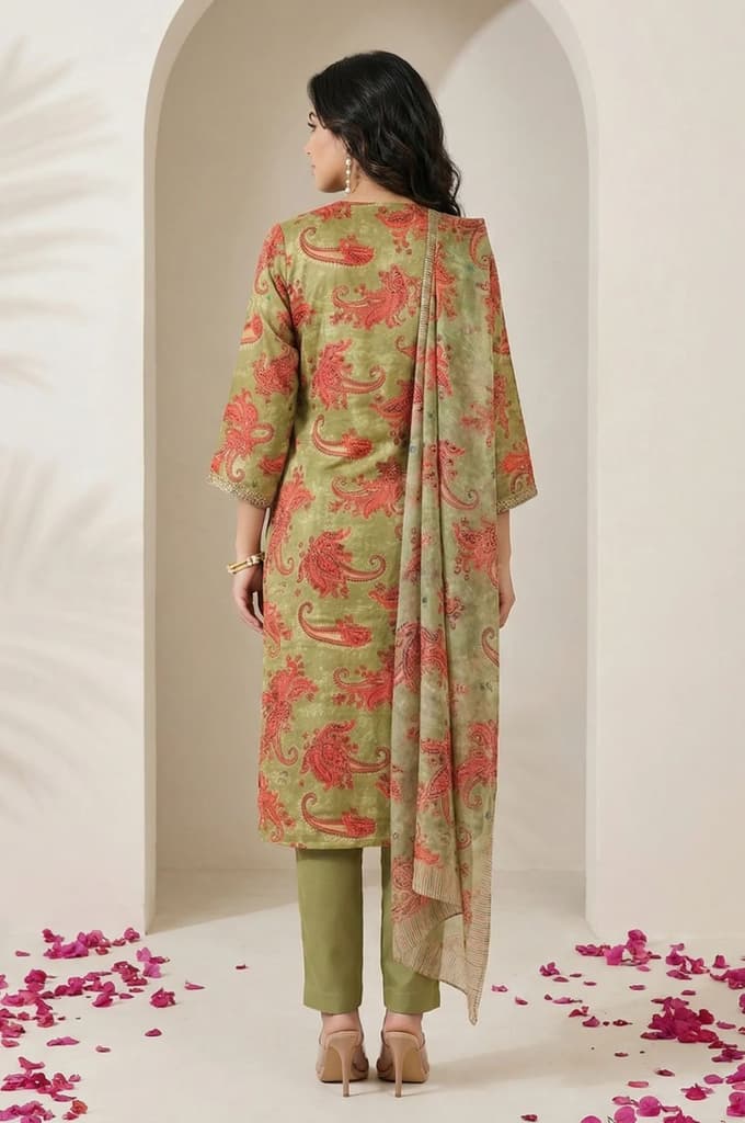 Olive Sequins Paisley Printed Straight Satin Kurta with Straight Pants and Dupatta Set — photo 5