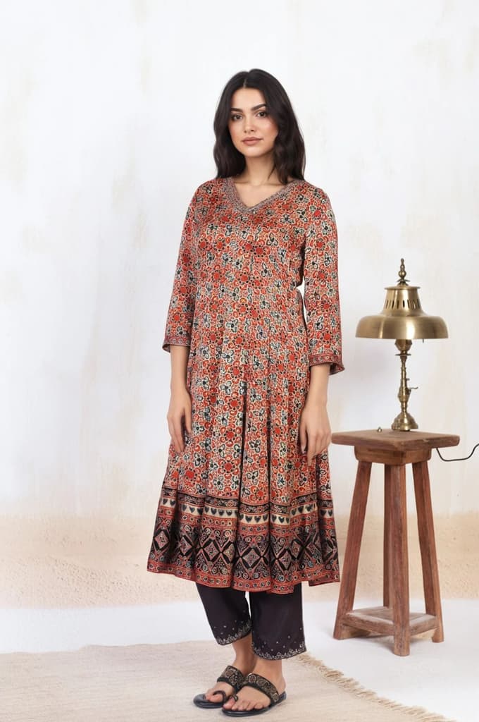 Beige Ethnic Motifs Printed Embellished Anarkali Satin Kurta with Straight Pant and Dupatta Set — photo 6