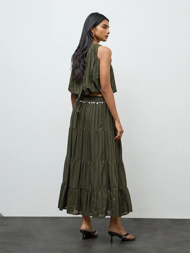 LOV Olive Embellished High-Rise Tiered Skirt — photo 4