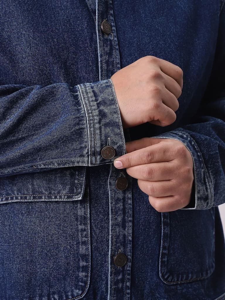 Plus Men's Blue Relaxed Fit Full Sleeve Utility Denim Jacket — photo 7