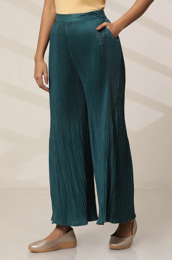 Teal Solid Flared Woven Sharara With Pleats — photo 3