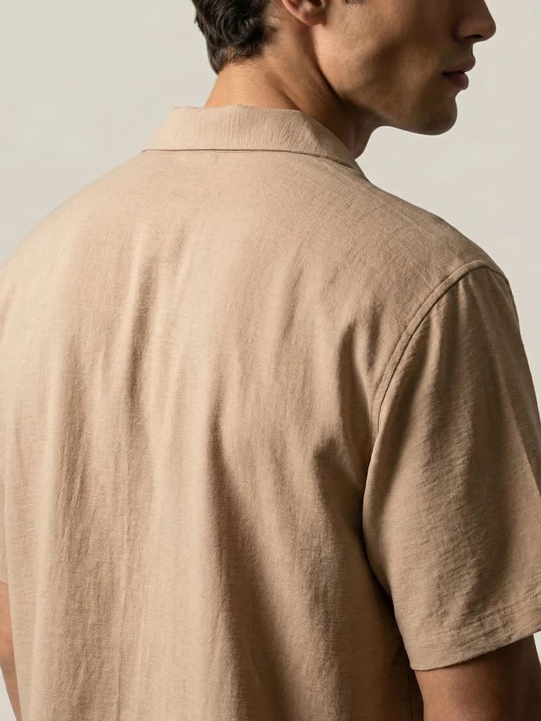 Men's Beige Cotton Half Sleeve Relaxed Fit Textured Shirt with Cuban Collar — photo 6