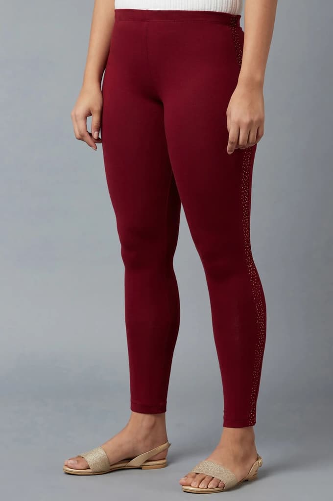 Maroon Solid Skinny Fit Cotton Tights With Elasticated Waistband — photo 3