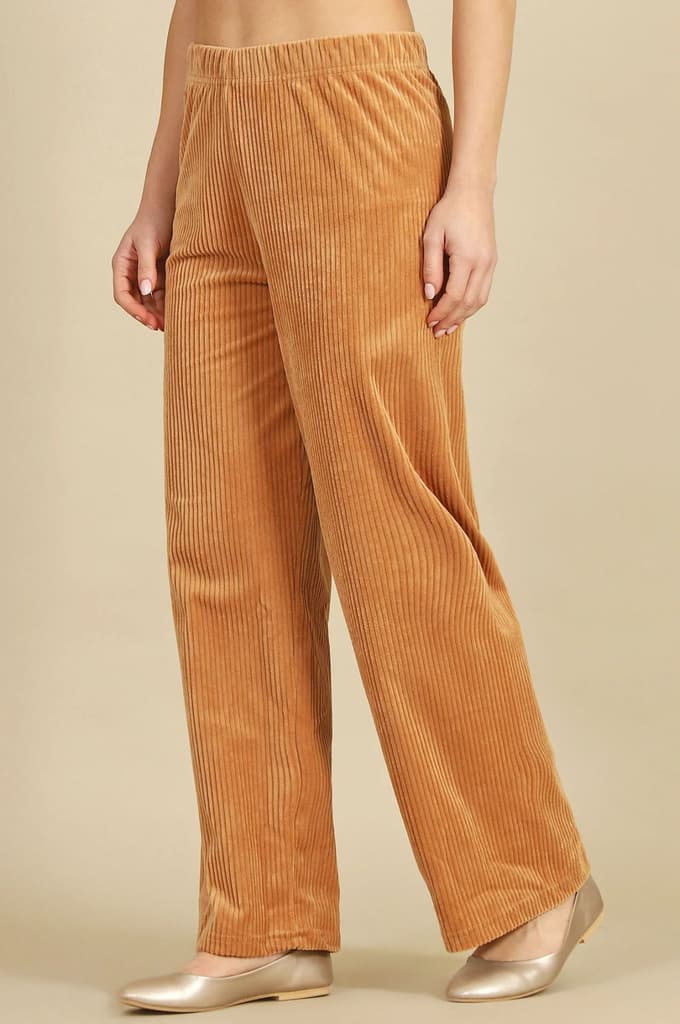 Brown Solid Straight Fit Cotton Pants With Elasticated Waist — photo 4