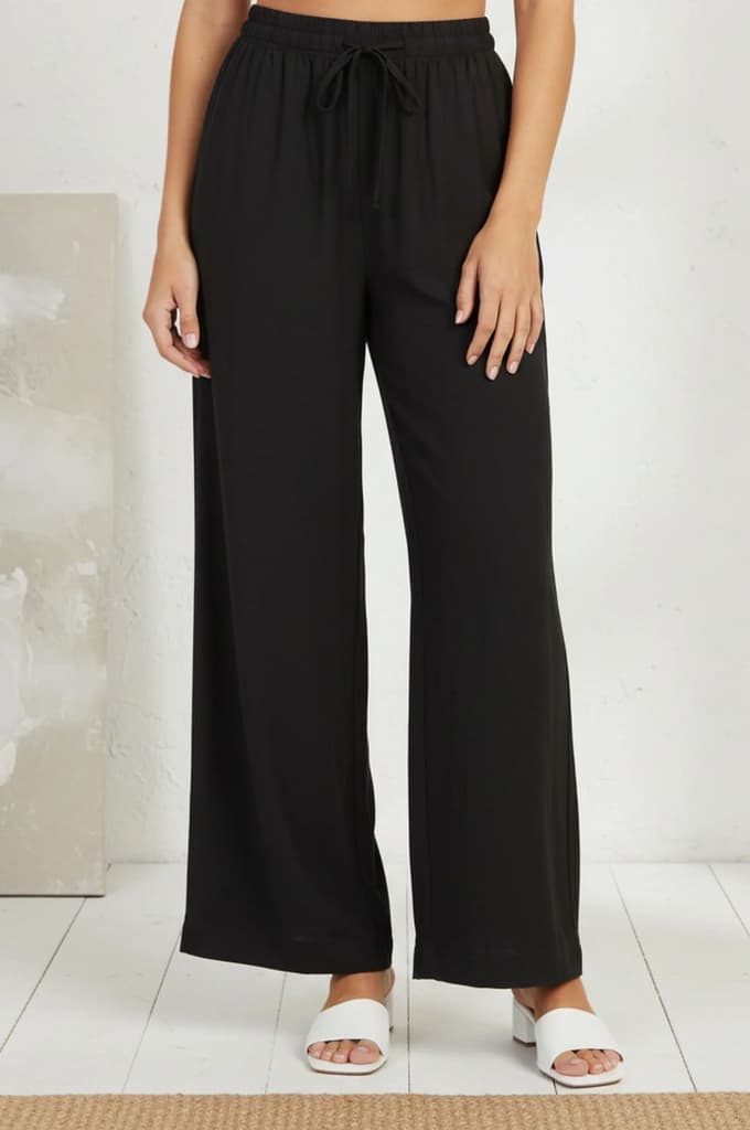Black Solid Rayon Relaxed Fit Rayon Blend Flared Pants — S