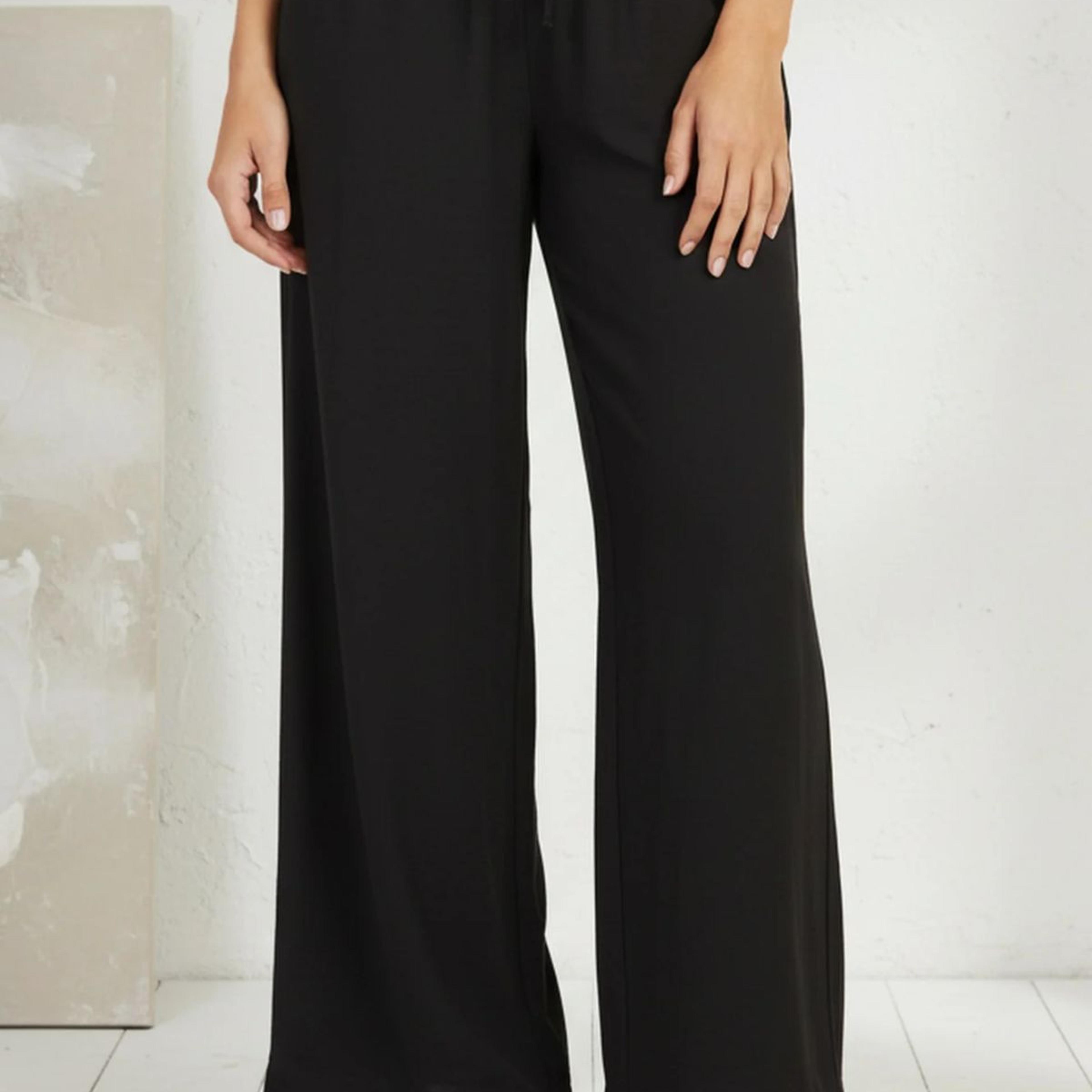 Black Solid Rayon Relaxed Fit Rayon Blend Flared Pants
