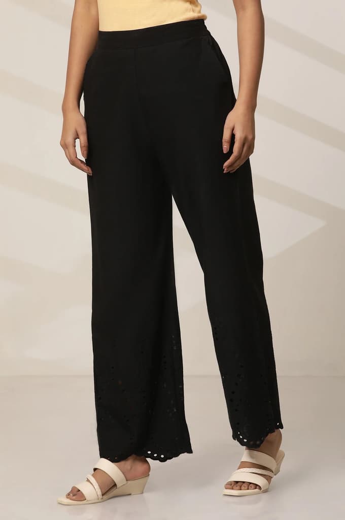 Black Embroidered Semi Flared Cotton Palazzo With Side Pockets — photo 2