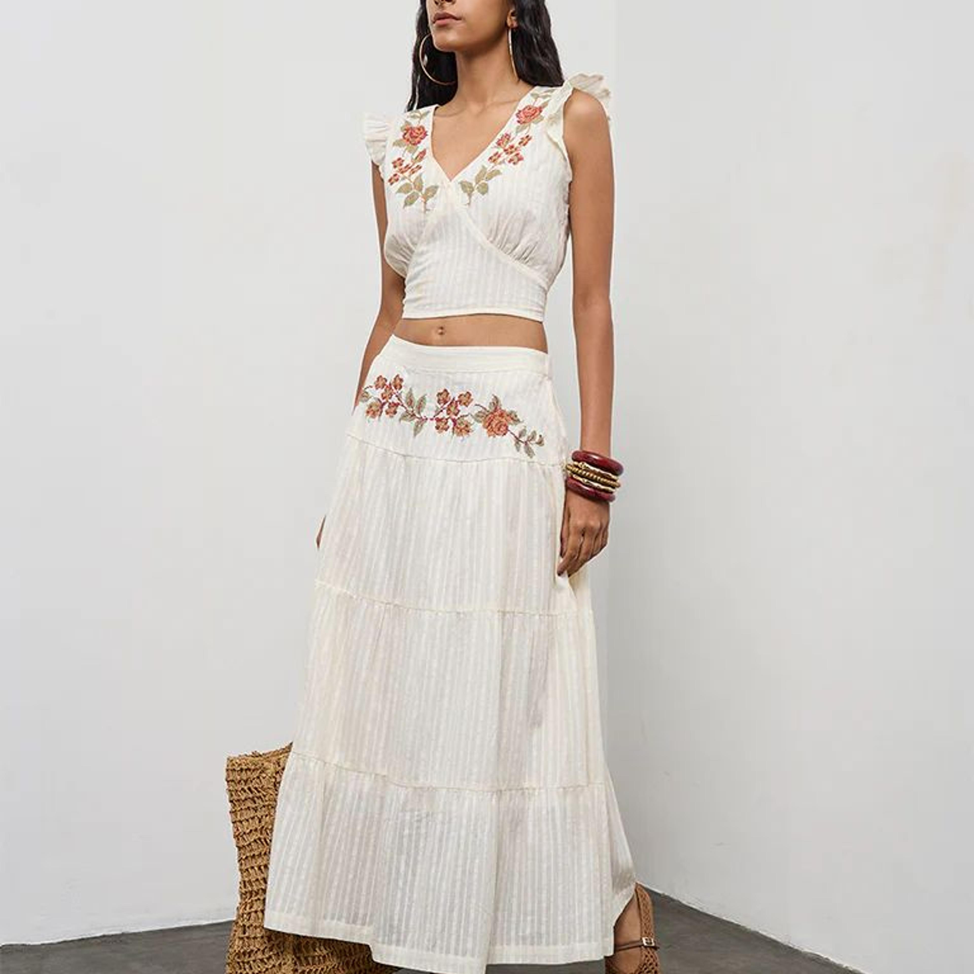 Bombay Paisley Off-White Embroidered Cotton Tiered Skirt