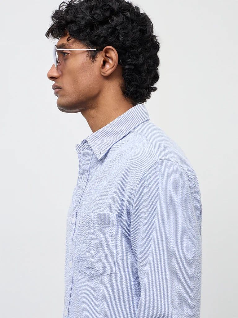 WES Casuals Blue Striped Slim-Fit Cotton Shirt — photo 3