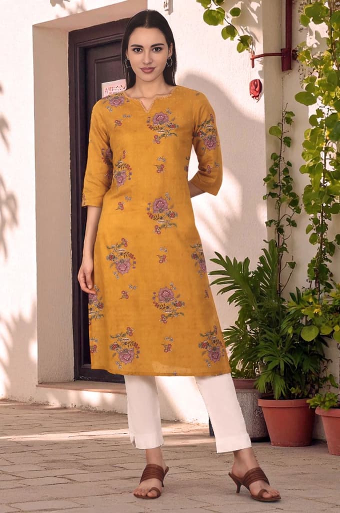 Mustard Yellow Swiss Dot Textured Cotton Straight Kurta — XS