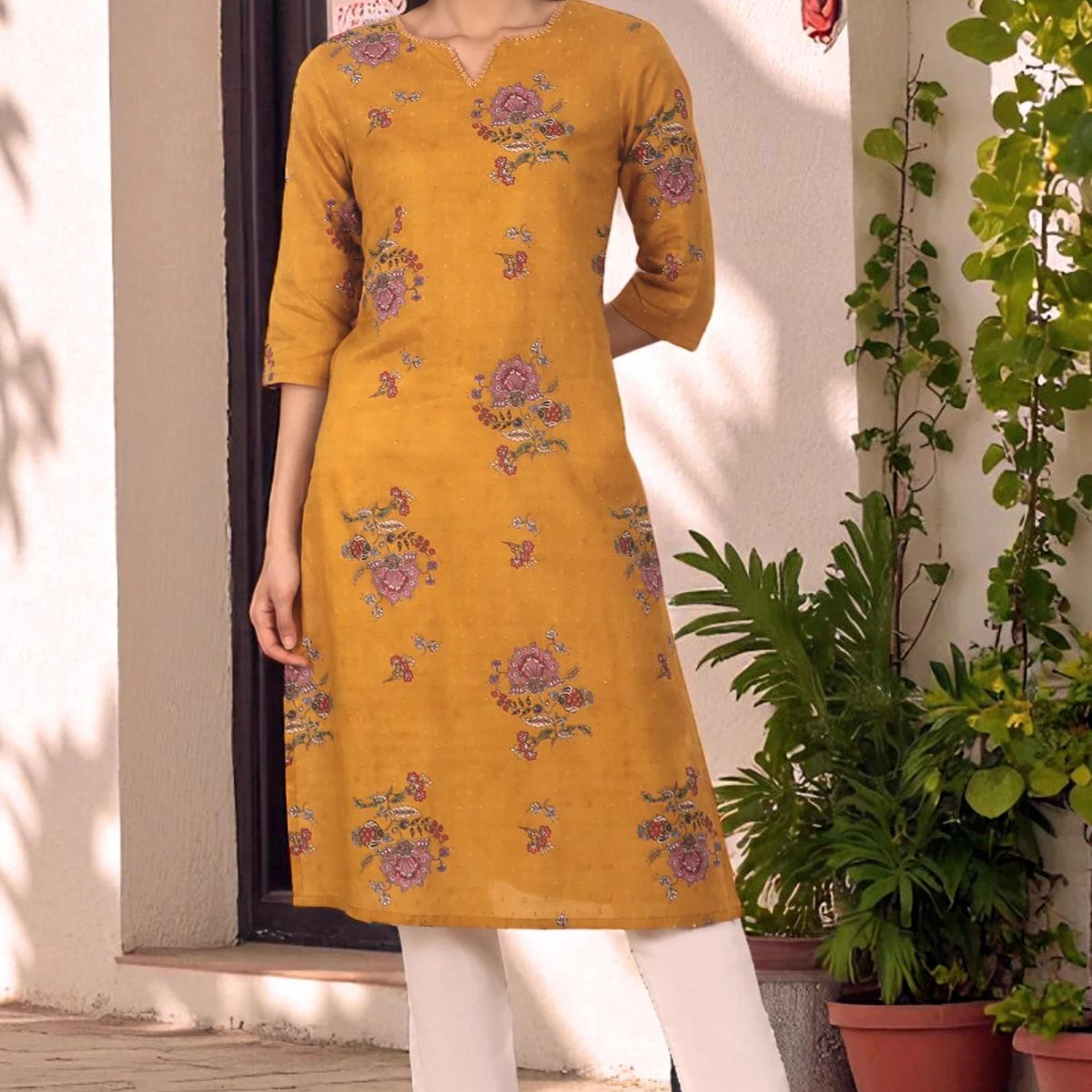 Mustard Yellow Swiss Dot Textured Cotton Straight Kurta