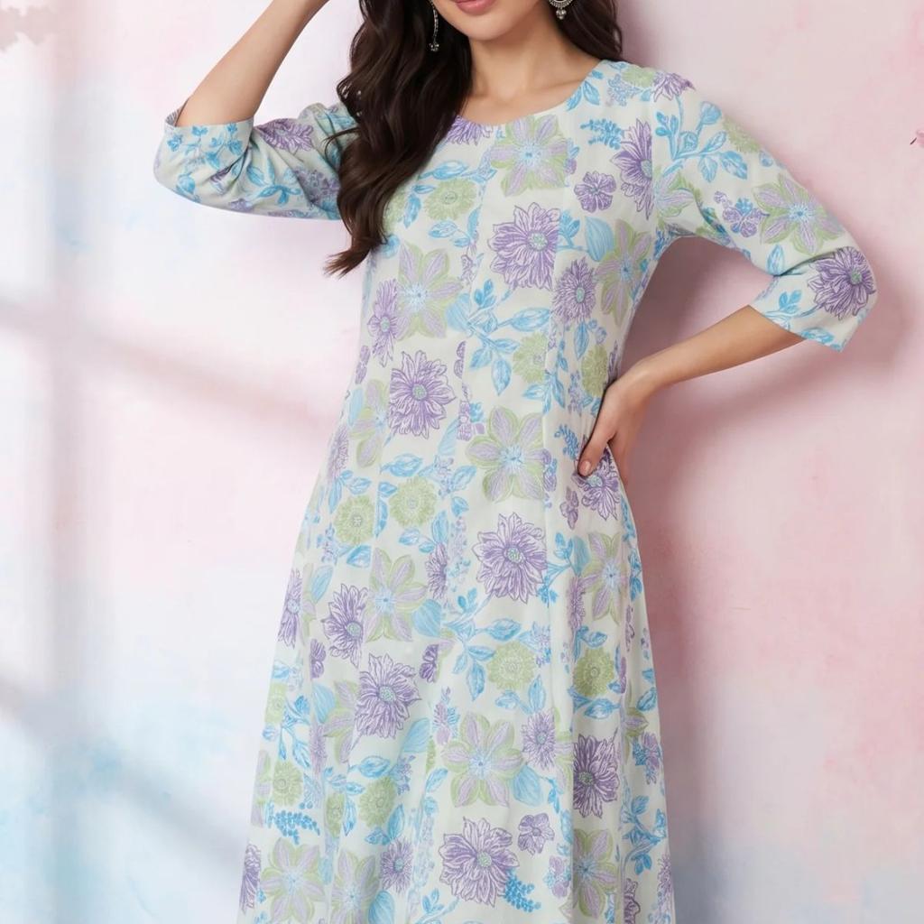 Off White Floral Printed Cotton Flax A-line Kurta