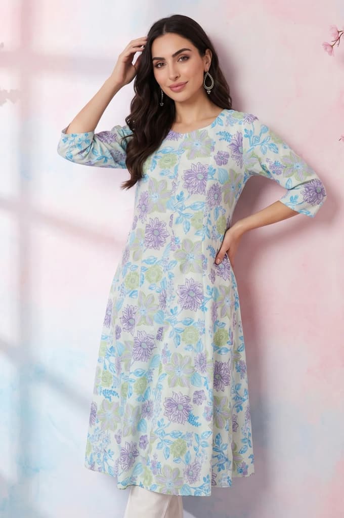 Off White Floral Printed Cotton Flax A-line Kurta