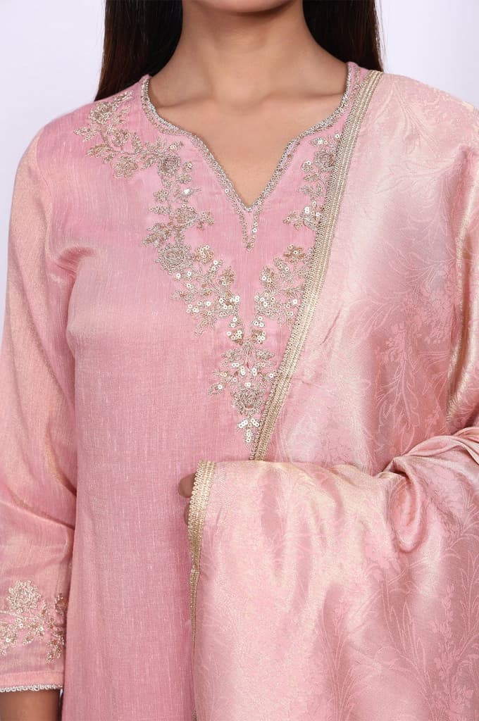 Pink Floral Tissue Straight Kurta with Straight Pant and Dupatta Set — photo 2