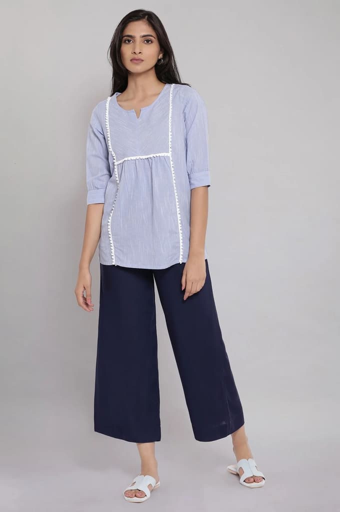 Navy Blue Solid Straight Fit Tencel Palazzo With Elasticated Waist — photo 5