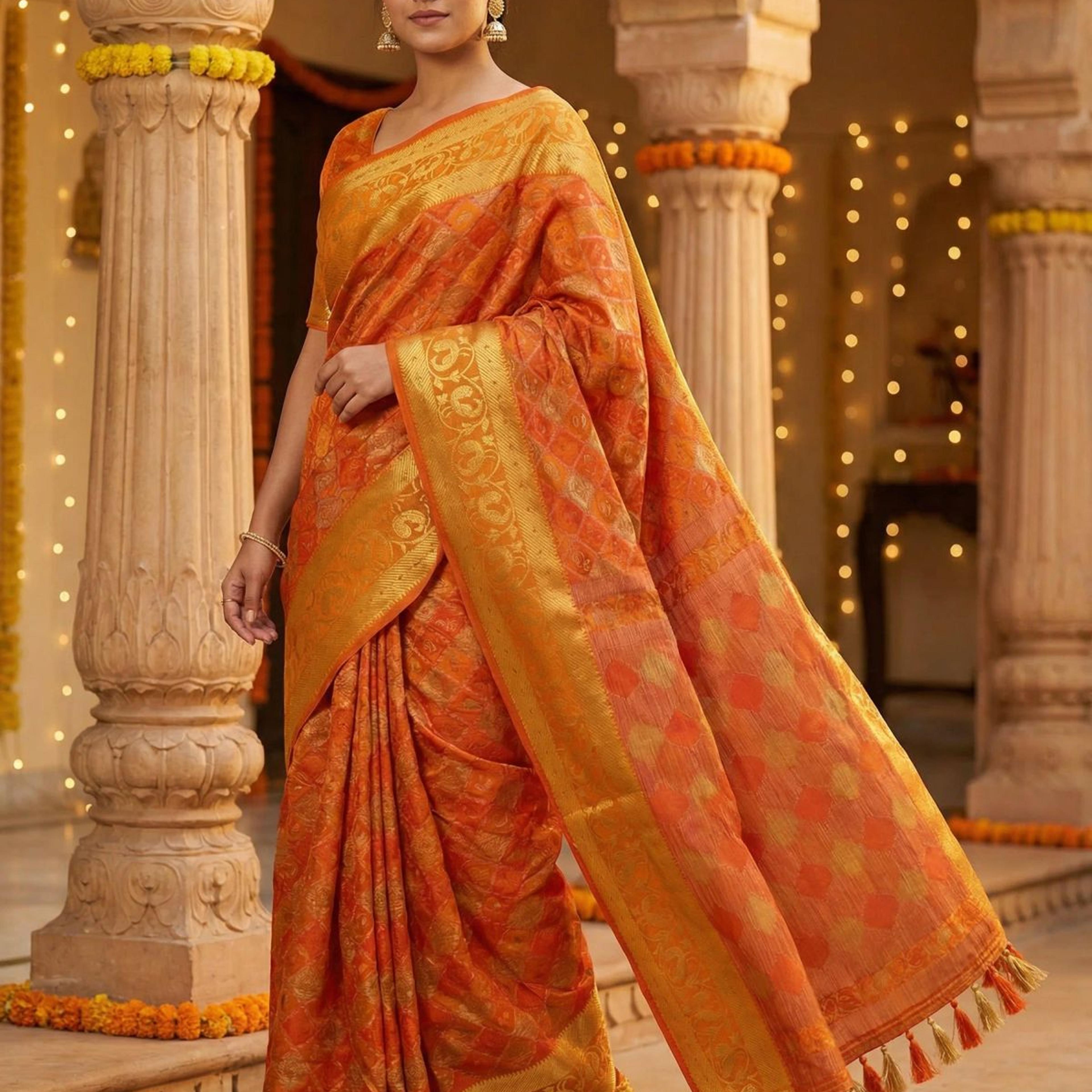 MIMOSA Women's Woven Design Patola Style Raw Silk Saree with Blouse Piece - Rust ( SA00003140RSFREE )