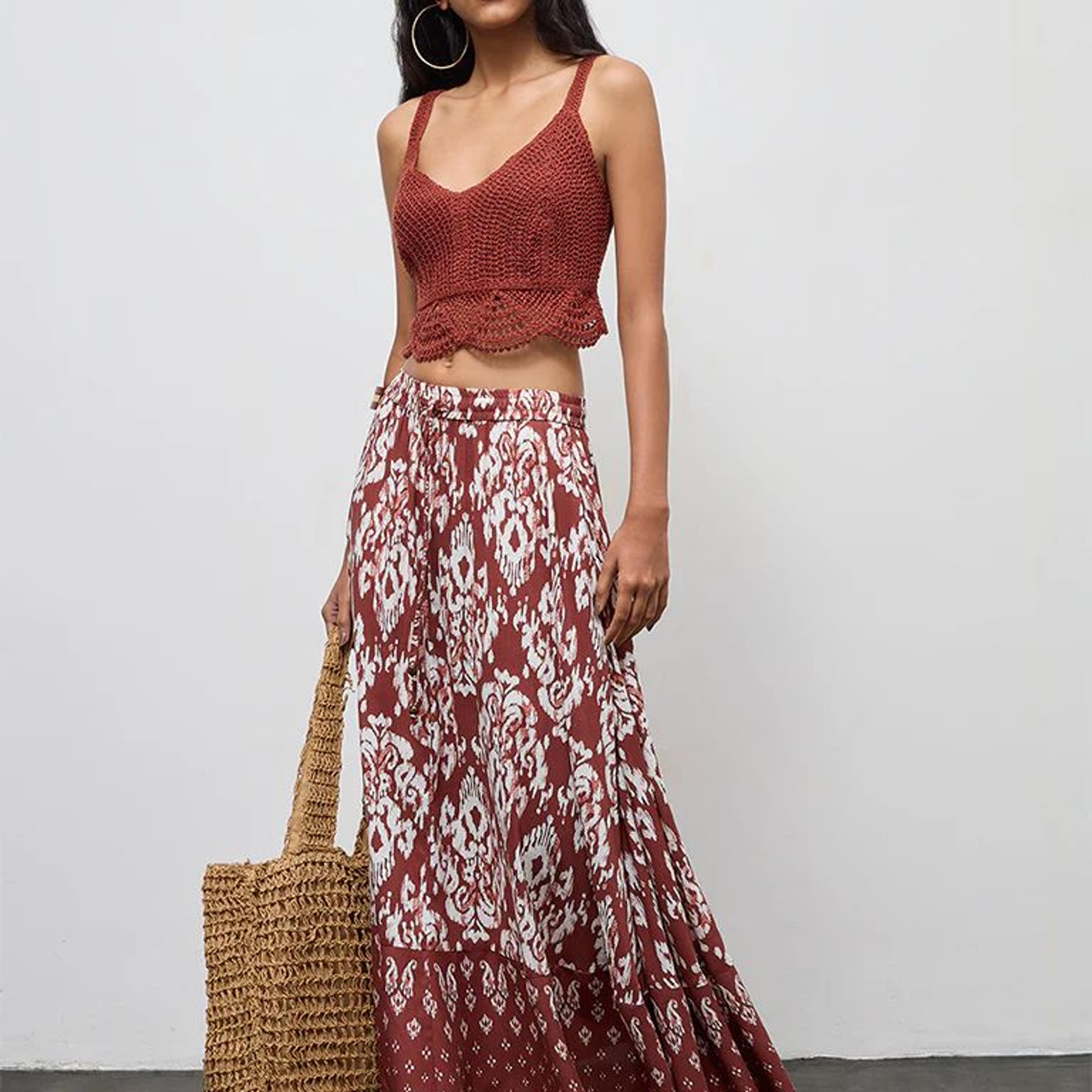 Bombay Paisley Rust Ikat Design High-Rise Cotton Skirt