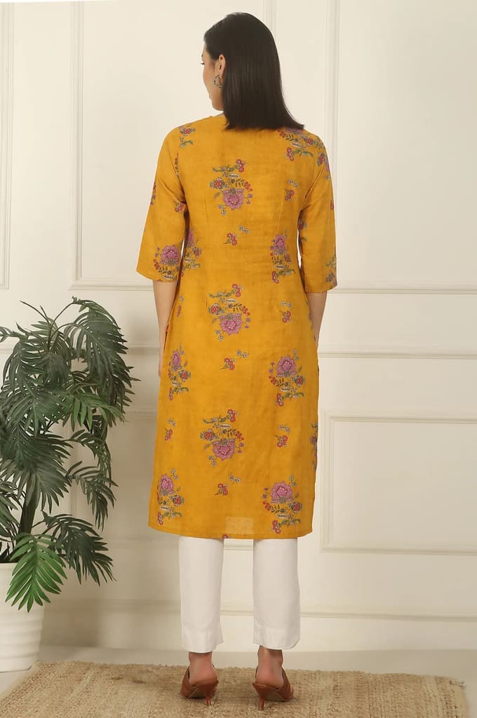 Mustard Yellow Swiss Dot Textured Cotton Straight Kurta — photo 6