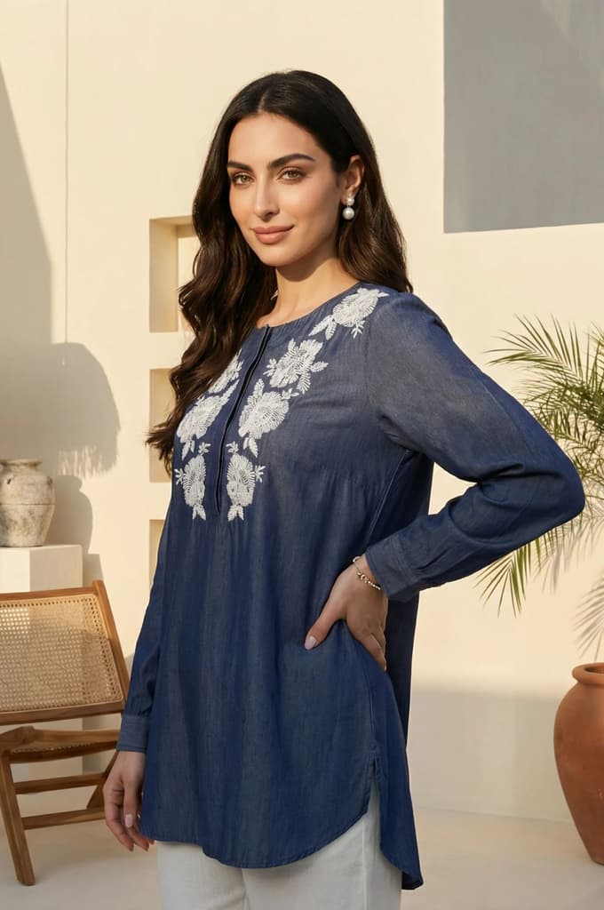 Blue Yarn Dyed Embroidered Tencel Straight Tunic — photo 4