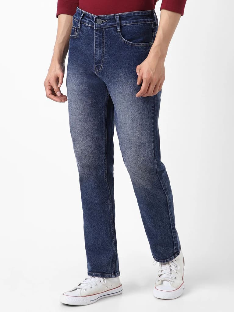 Men's Dark Blue Straight Fit Washed Jeans Stretchable — photo 2