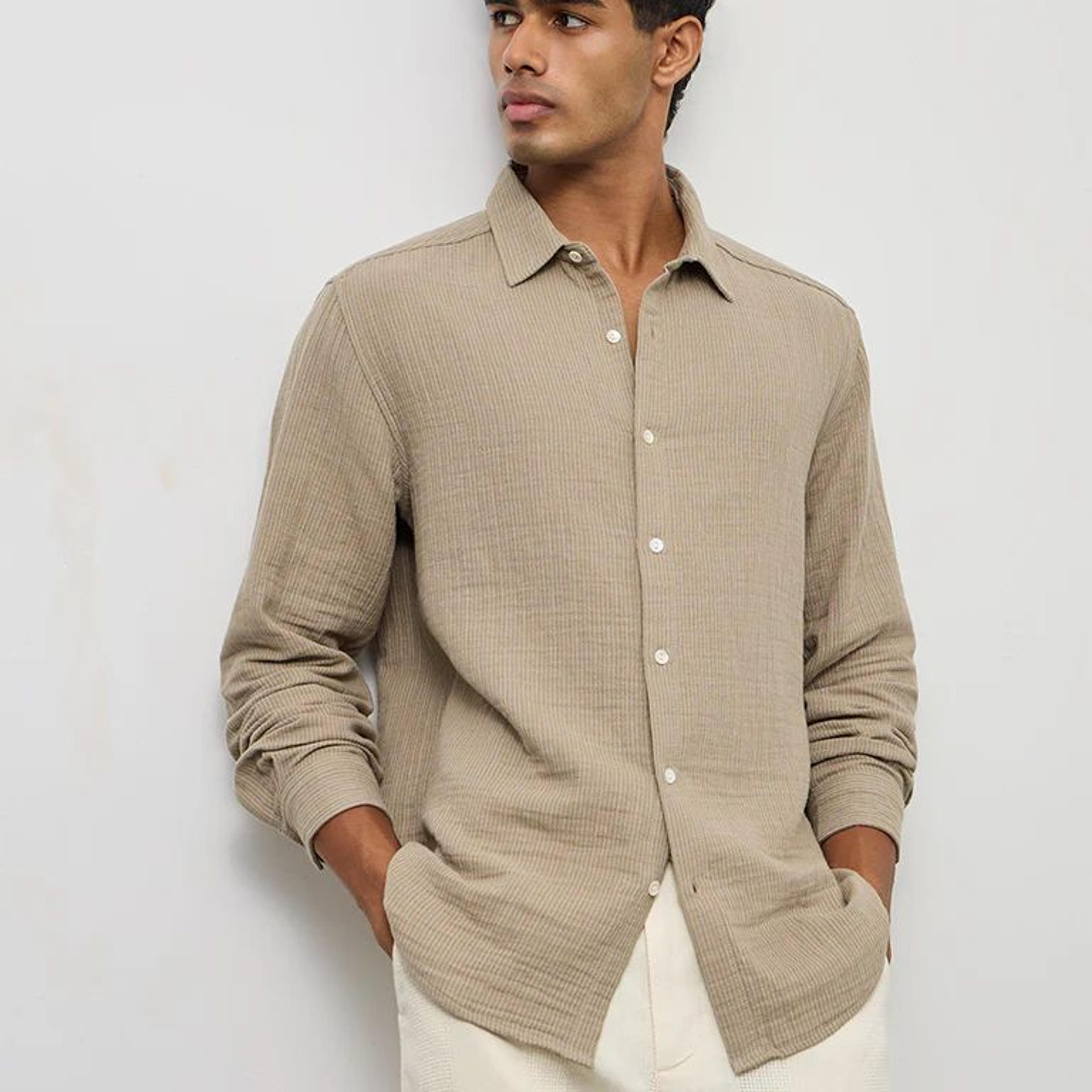 ETA Taupe Striped Relaxed-Fit Cotton Shirt