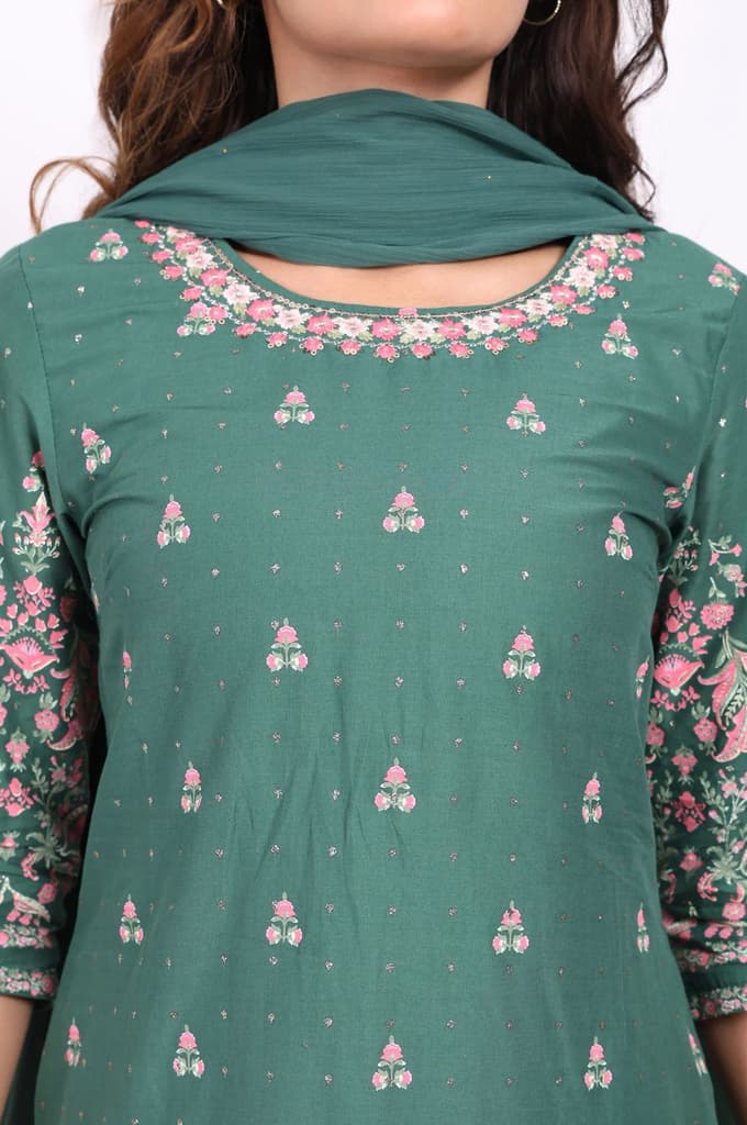 Green Floral Printed Embroidered Straight Cotton Kurta with Sharara and Dupatta Set — photo 3