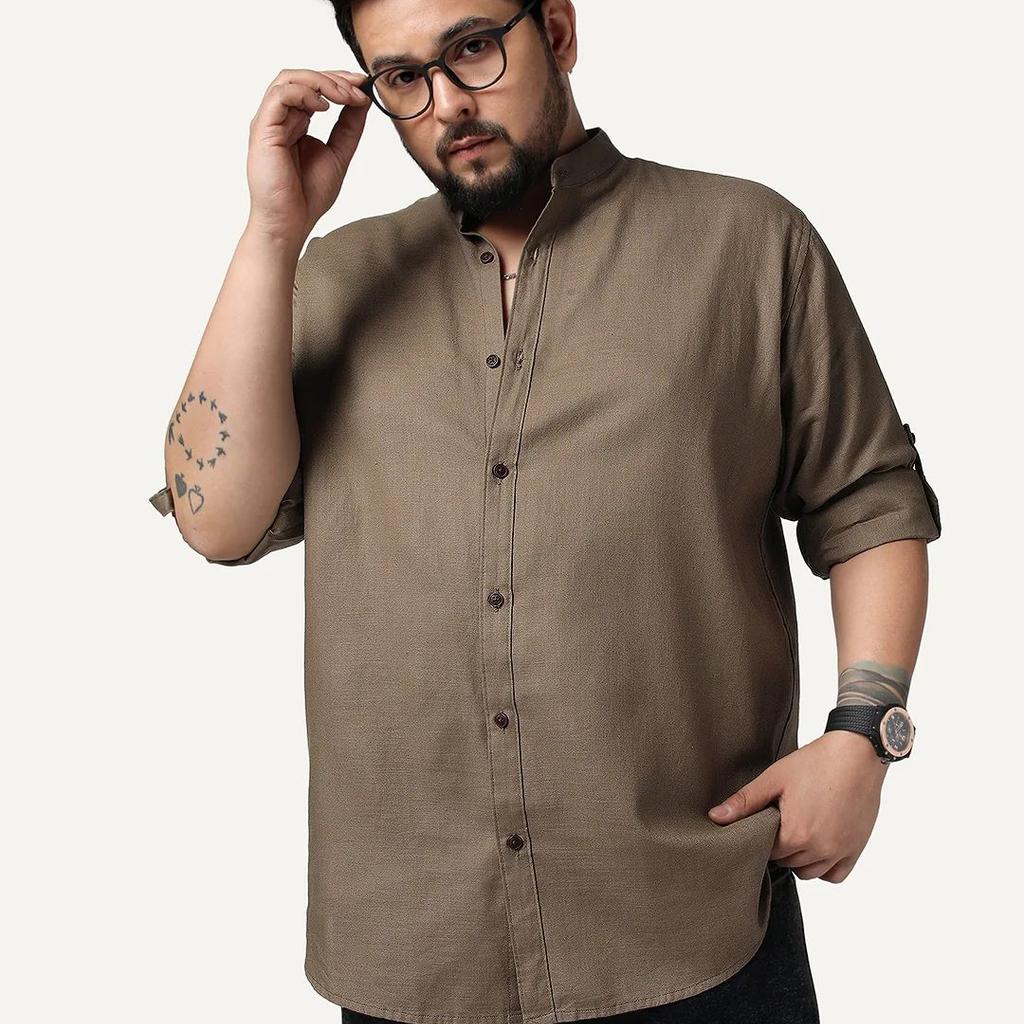 Plus Men's Coffee Linen Blend Full Sleeve Relaxed Fit Mandarin Collar Casual Solid Shirt
