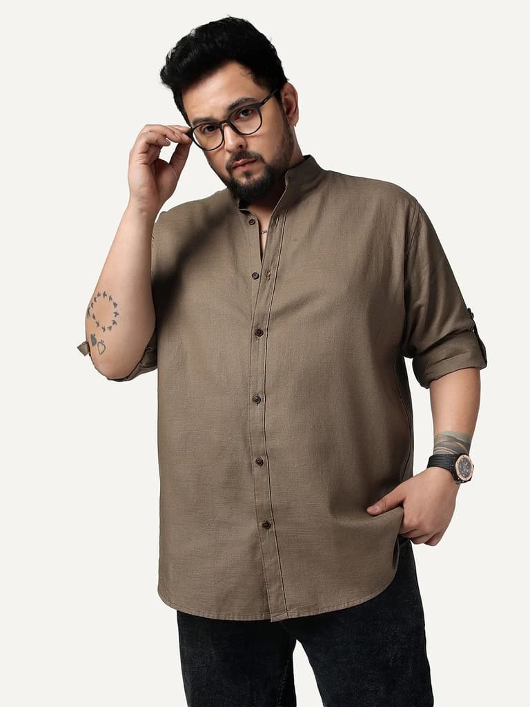 Plus Men's Coffee Linen Blend Full Sleeve Relaxed Fit Mandarin Collar Casual Solid Shirt — 2XL / Coffee