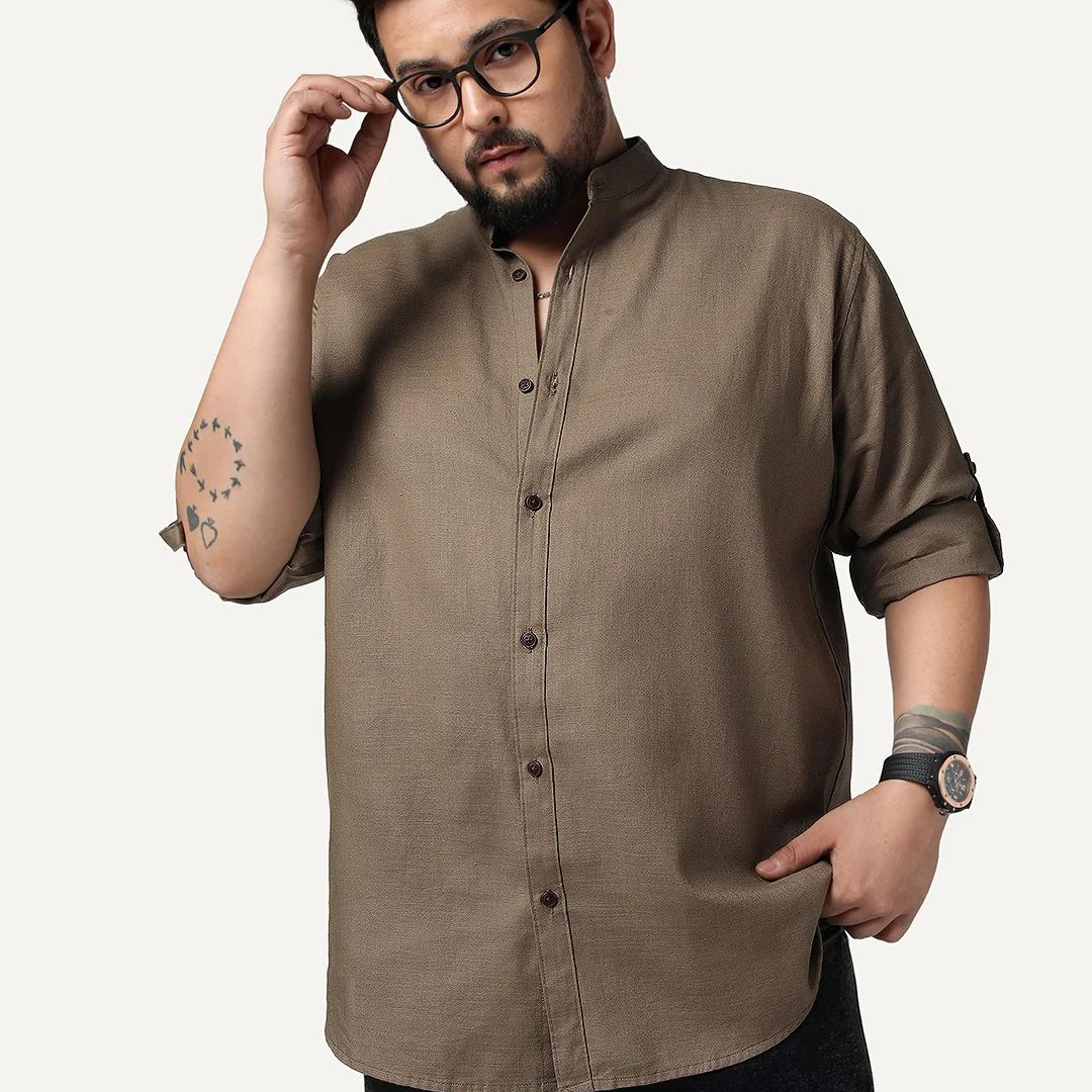 Plus Men's Coffee Linen Blend Full Sleeve Relaxed Fit Mandarin Collar Casual Solid Shirt
