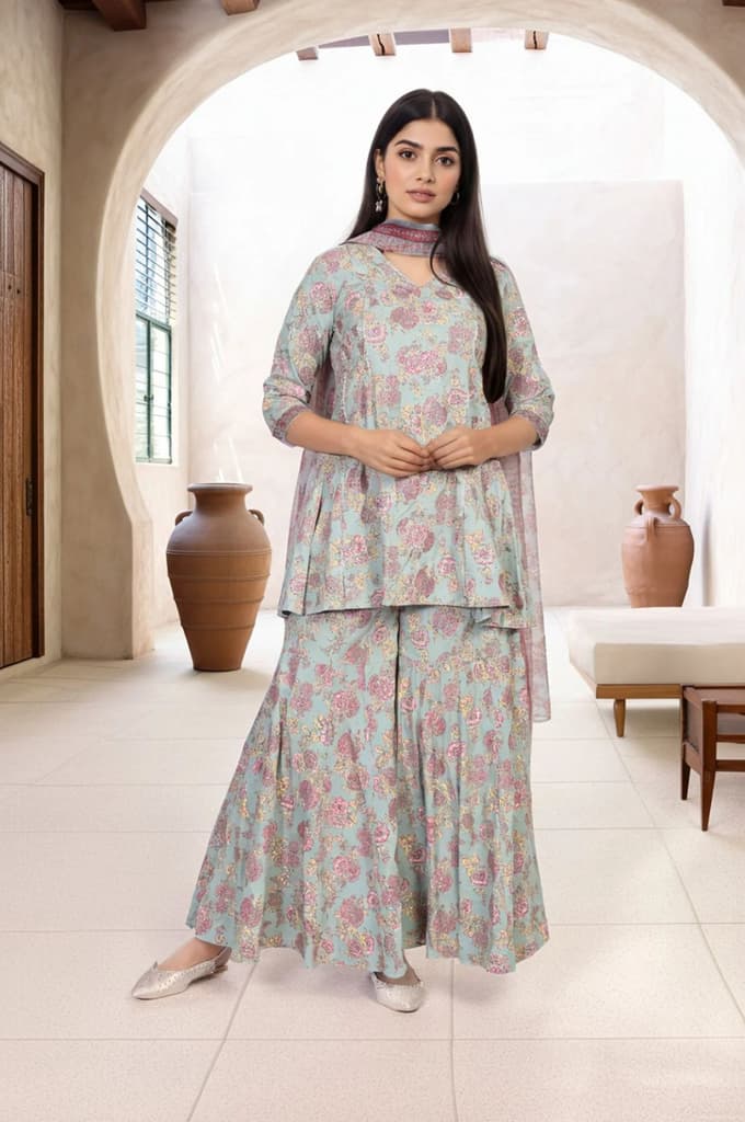 Light Green Floral Printed Lace Trim Peplum Rayon Kurta with Sharara and Dupatta Set — XS