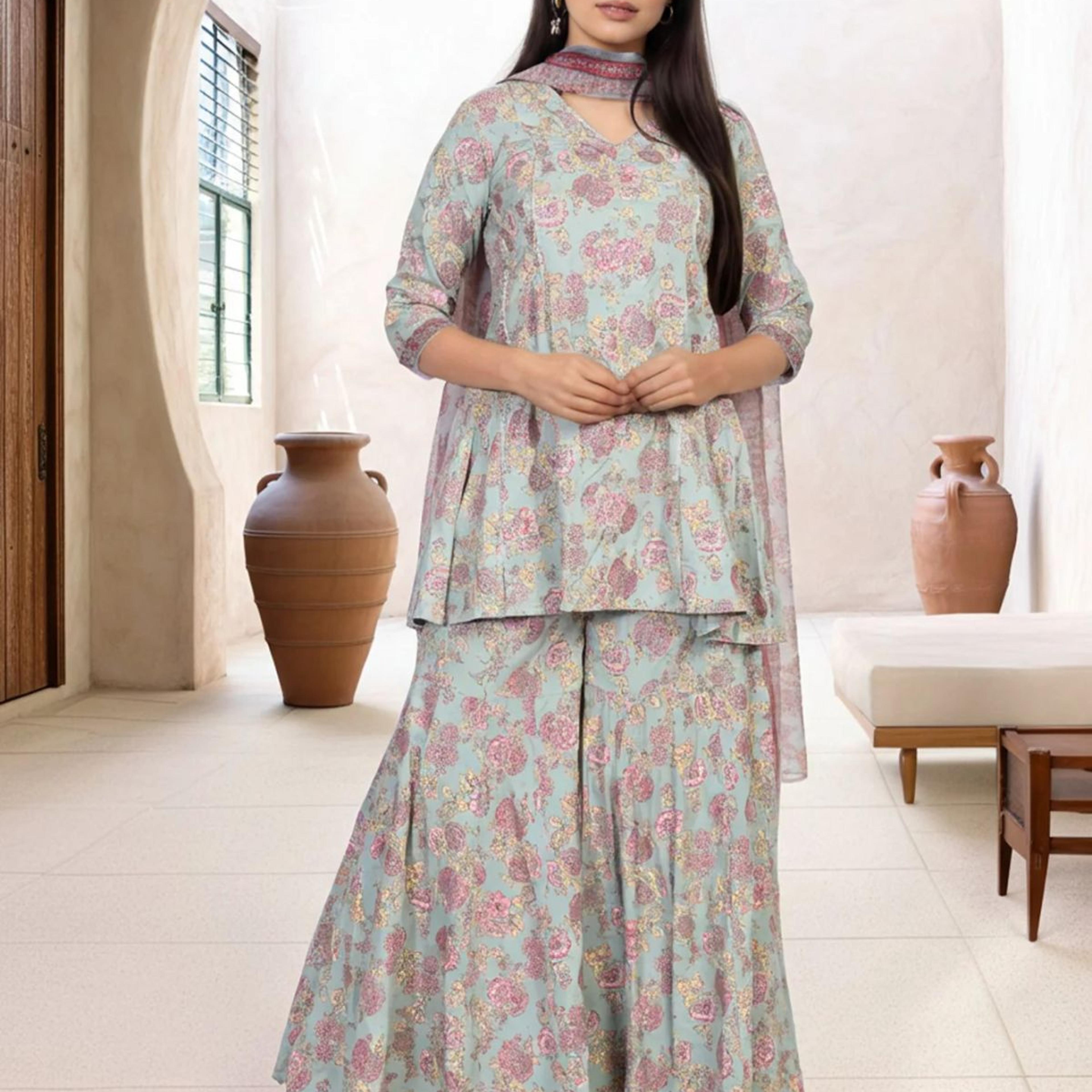 Light Green Floral Printed Lace Trim Peplum Rayon Kurta with Sharara and Dupatta Set