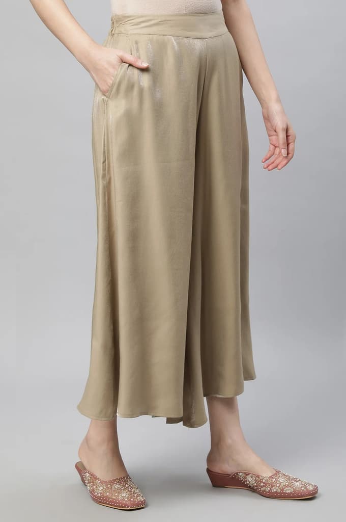 Gold Solid Flared Rayon Culottes With Slip On Closure — photo 3