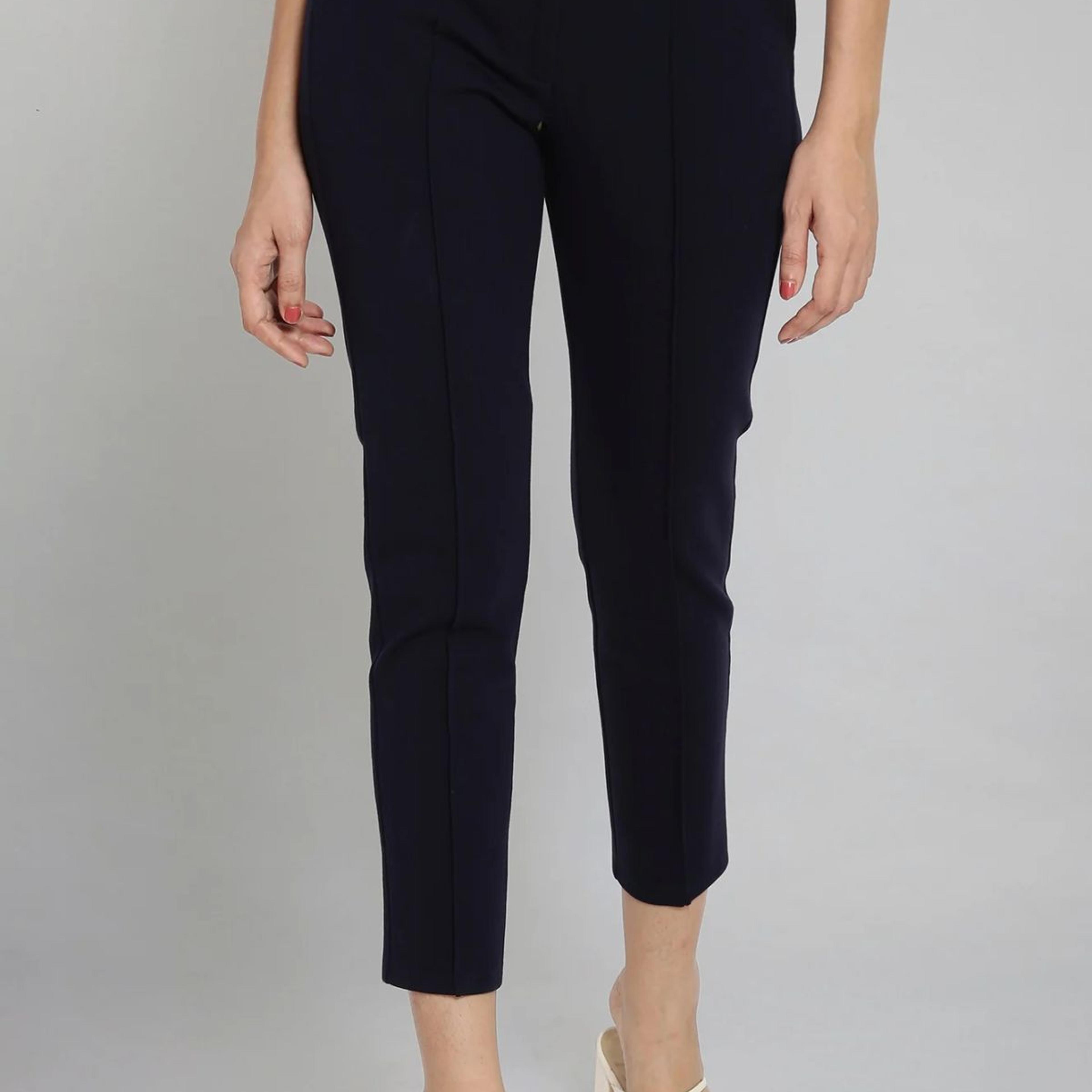 Navy Blue Solid Straight Fit Trousers With Pintuck Detail
