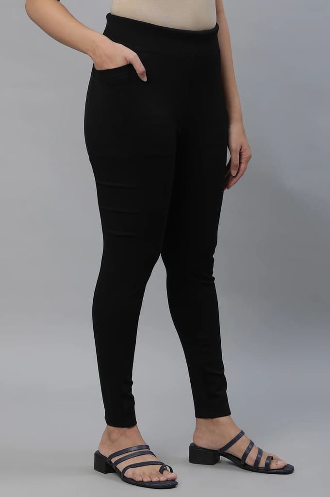 Black Solid Skinny Fit Tights With Elasticated Waist And Side Pockets — photo 4