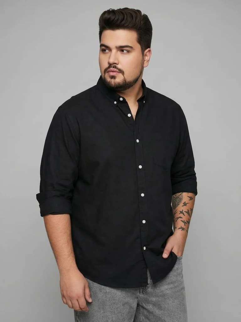 Plus Men's Black Cotton Full Sleeve Regular Fit Solid Oxford Shirt With Button-Down Collar — photo 2