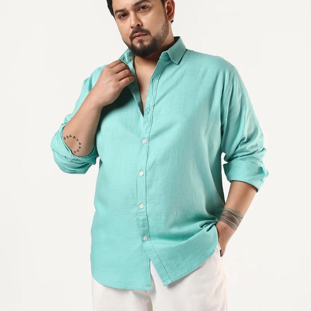 Plus Men's Light Teal Linen Blend Full Sleeve Relaxed Fit Casual Solid Shirt