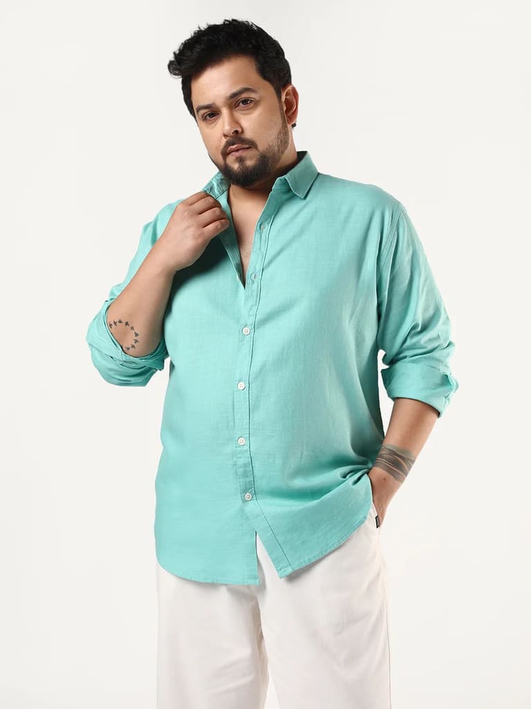 Plus Men's Light Teal Linen Blend Full Sleeve Relaxed Fit Casual Solid Shirt — 2XL / Light Teal