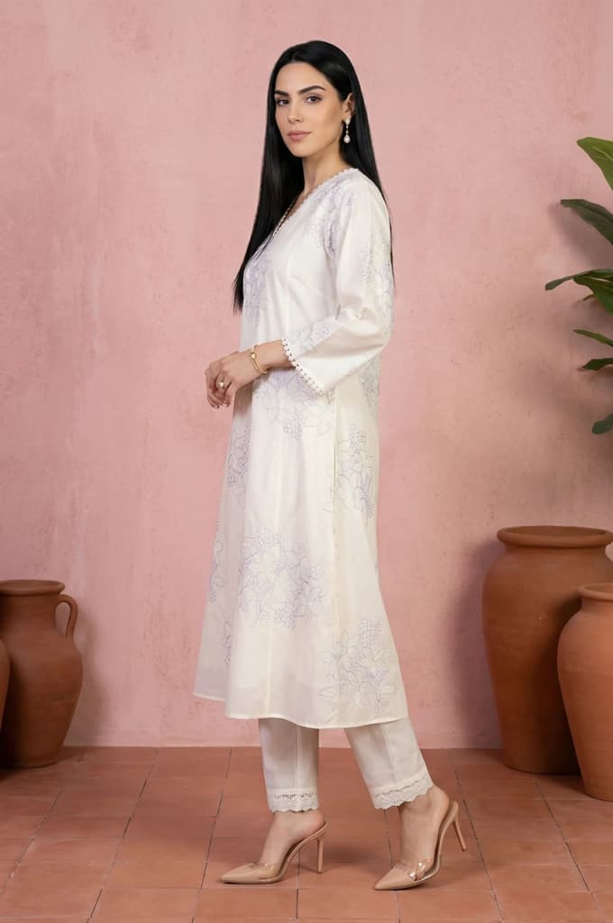 Off White Thread Embroidered Pure Cotton Straight Kurta With Straight Pants And Dupatta Set — photo 4