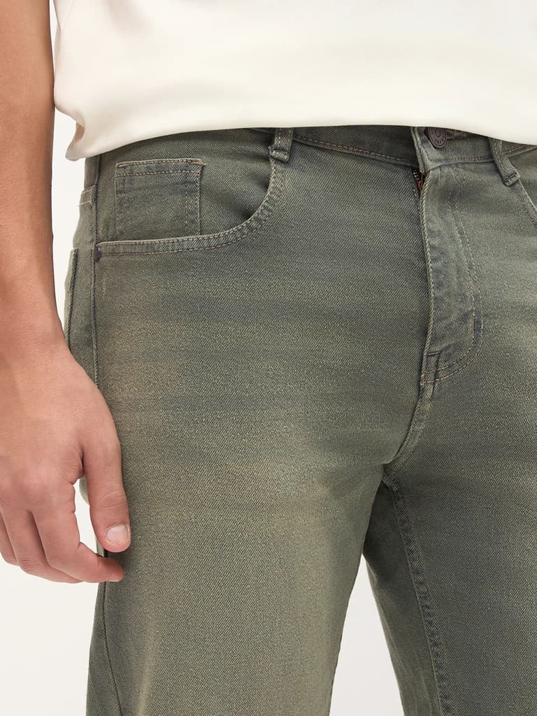 Men's Grey Regular Fit Whisker Wash Yellow Tint Denim Jeans Stretchable — photo 6