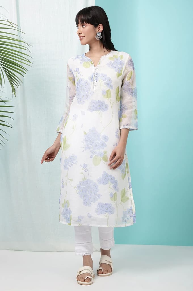 White Floral Printed Kota Straight Kurta — photo 3